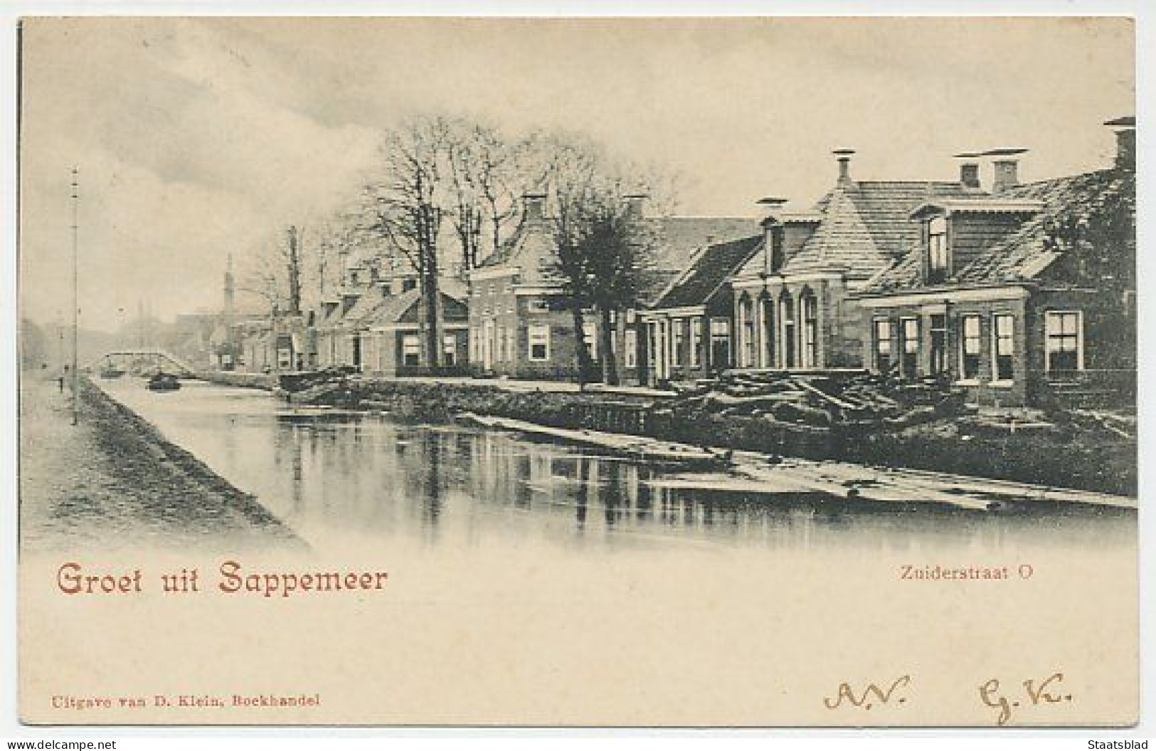 05- Prentbriefkaart Sappemeer 1902 - Zuiderstraat- Grootrond Treinstempel: Harlingen - Nieuweschans - Sappemeer