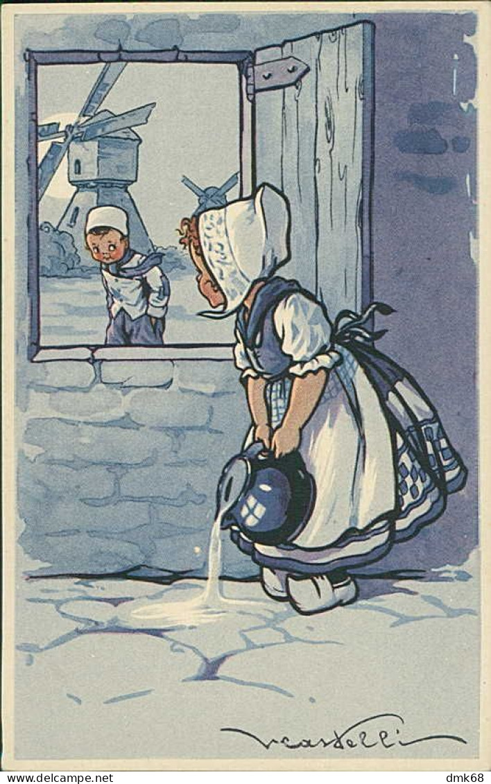 CASTELLI SIGNED 1920s POSTCARD - DUTCH CHILDREN AND MILL - EDIT DELL'ANNA & GASPERINI - 540/3 (5242) - Castelli