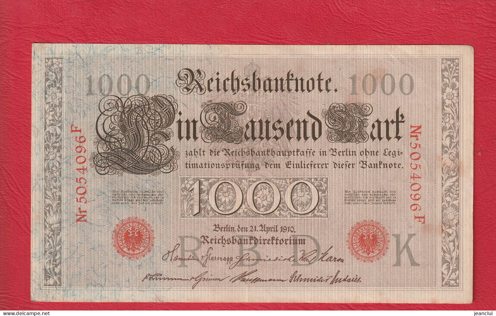 REICHSBANKNOTE . 1.000 MARK .  21-4-1910  .  N°  5054096 F  .  2 SCANNES - 1000 Mark