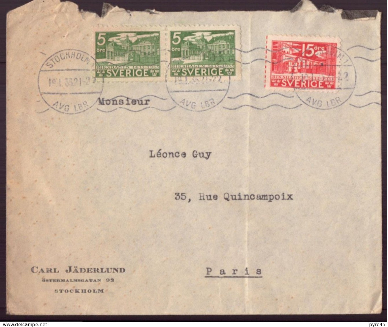 Suède, Enveloppe Du 19 Janvier 1935 De Stockholm Pour Paris - Altri & Non Classificati