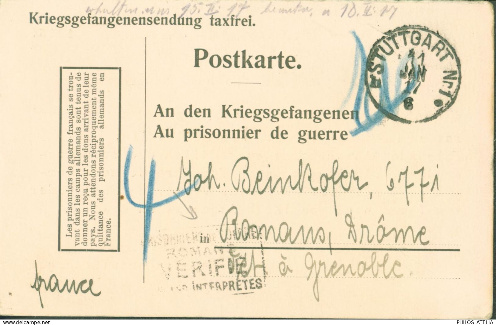Guerre 14 Correspondance En Franchise Pour Prisonniers CAD Stuttgart 11 JANV 1917 Censure Interprètes Romans Croix Rouge - Guerre De 1914-18