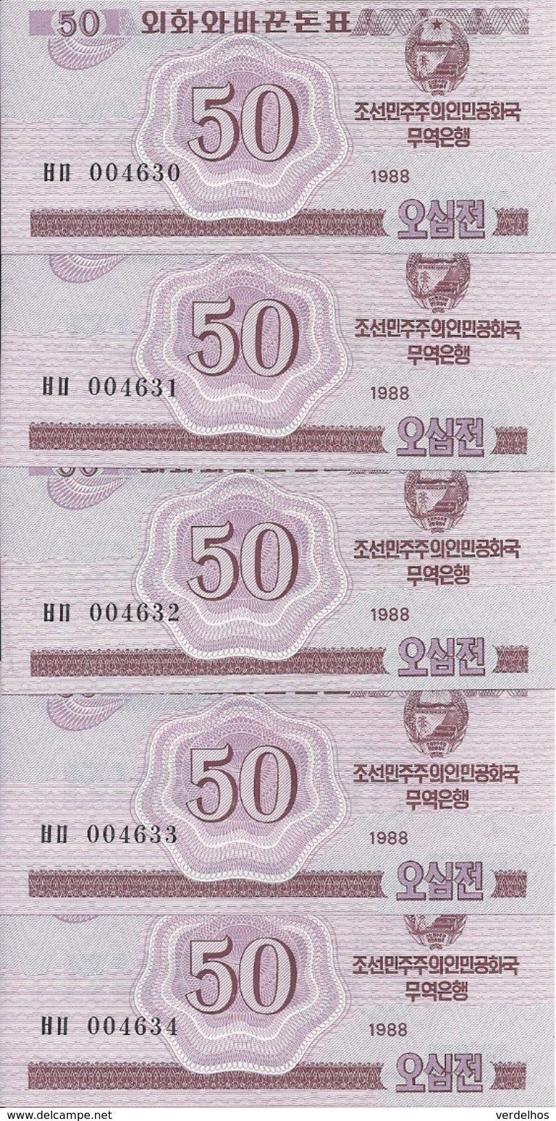 COREE DU NORD 50 CHON 1988 UNC P 34 ( 5 Billets ) - Korea (Nord-)