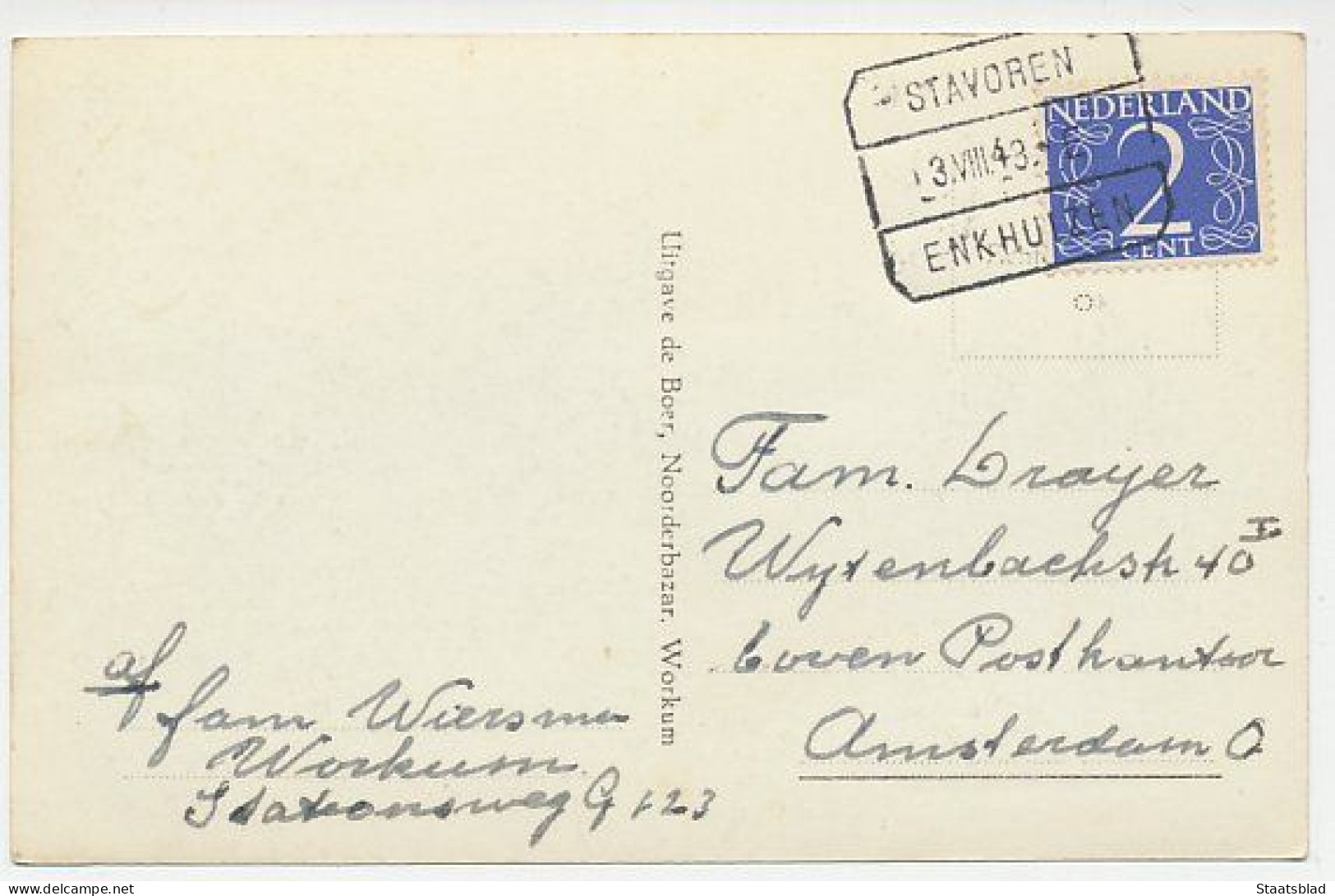 08- Prentbriefkaart Workum 1943 - School - Treinblokstempel - Workum