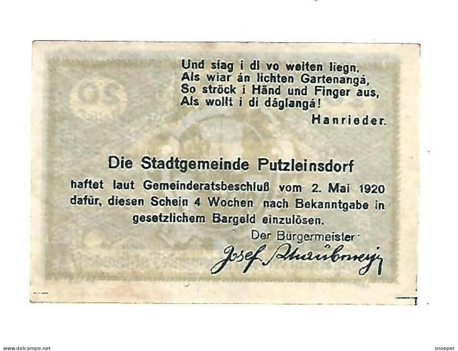 **notgeld   Austria Putzleinsdorf  20 Heller  804c - Oesterreich