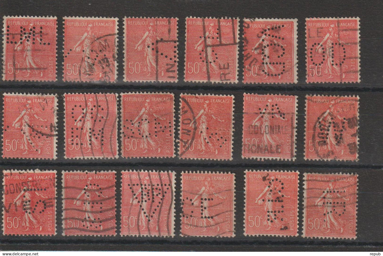 France Plaquette De 18 Timbres Perforés Et Oblitérés Sur Timbres Semeuse Lignée 199 - Used Stamps