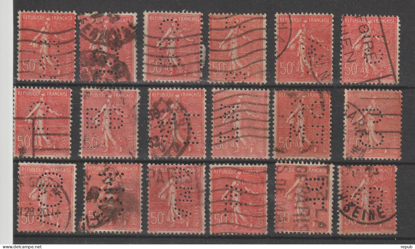 France Plaquette De 18 Timbres Perforés Et Oblitérés Sur Timbres Semeuse Lignée 199 - Used Stamps