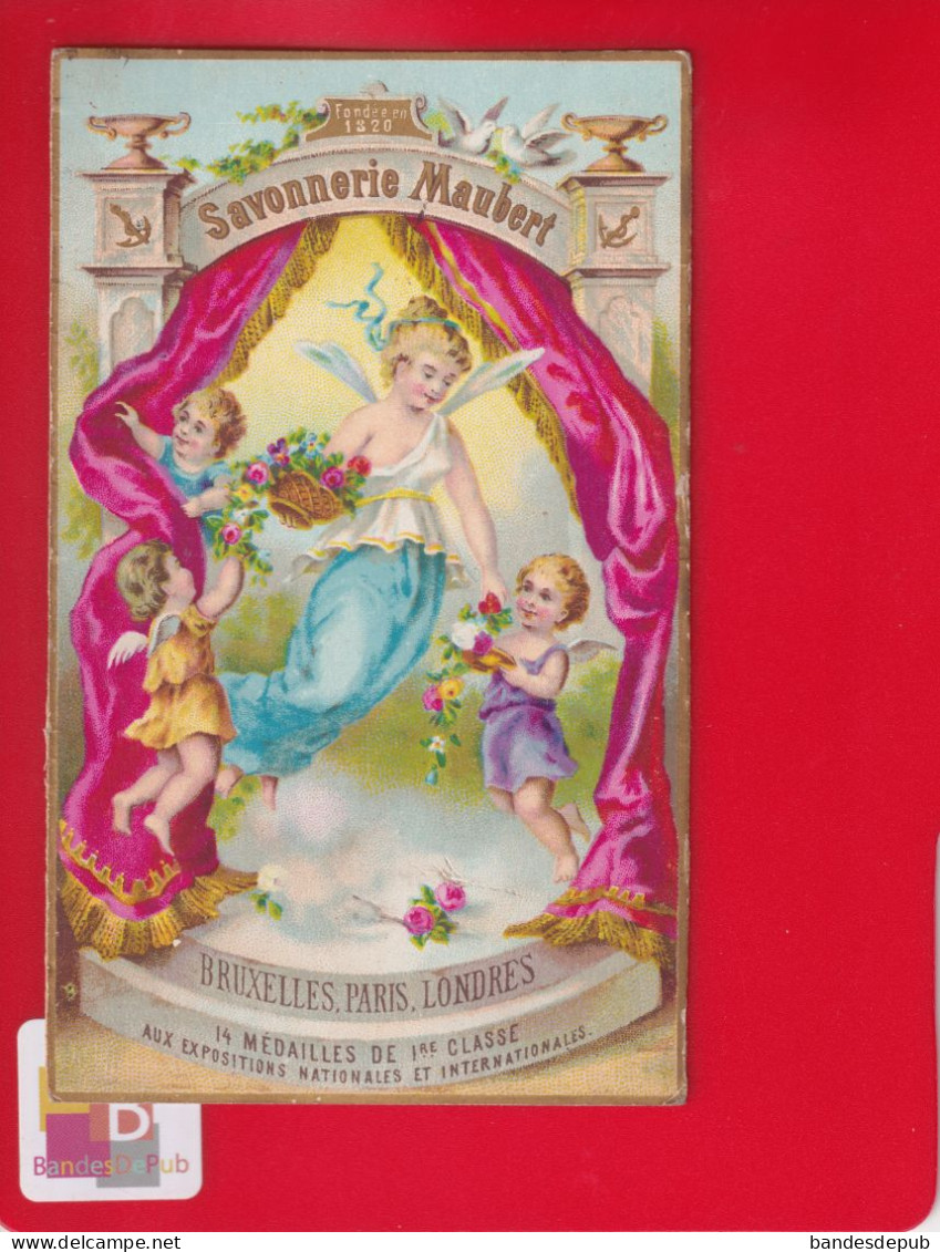 Savon Savonnerie  Maubert Superbe Chromo Calendrier 1880 Jeune Fille Ange Angelots - Other & Unclassified
