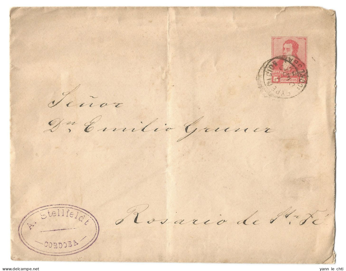Cover Enveloppe 1894 Entier Postal Postal Stationery Stellfeldt Cordoba To Rosario De Santa Fe Argentine Argentina - Storia Postale