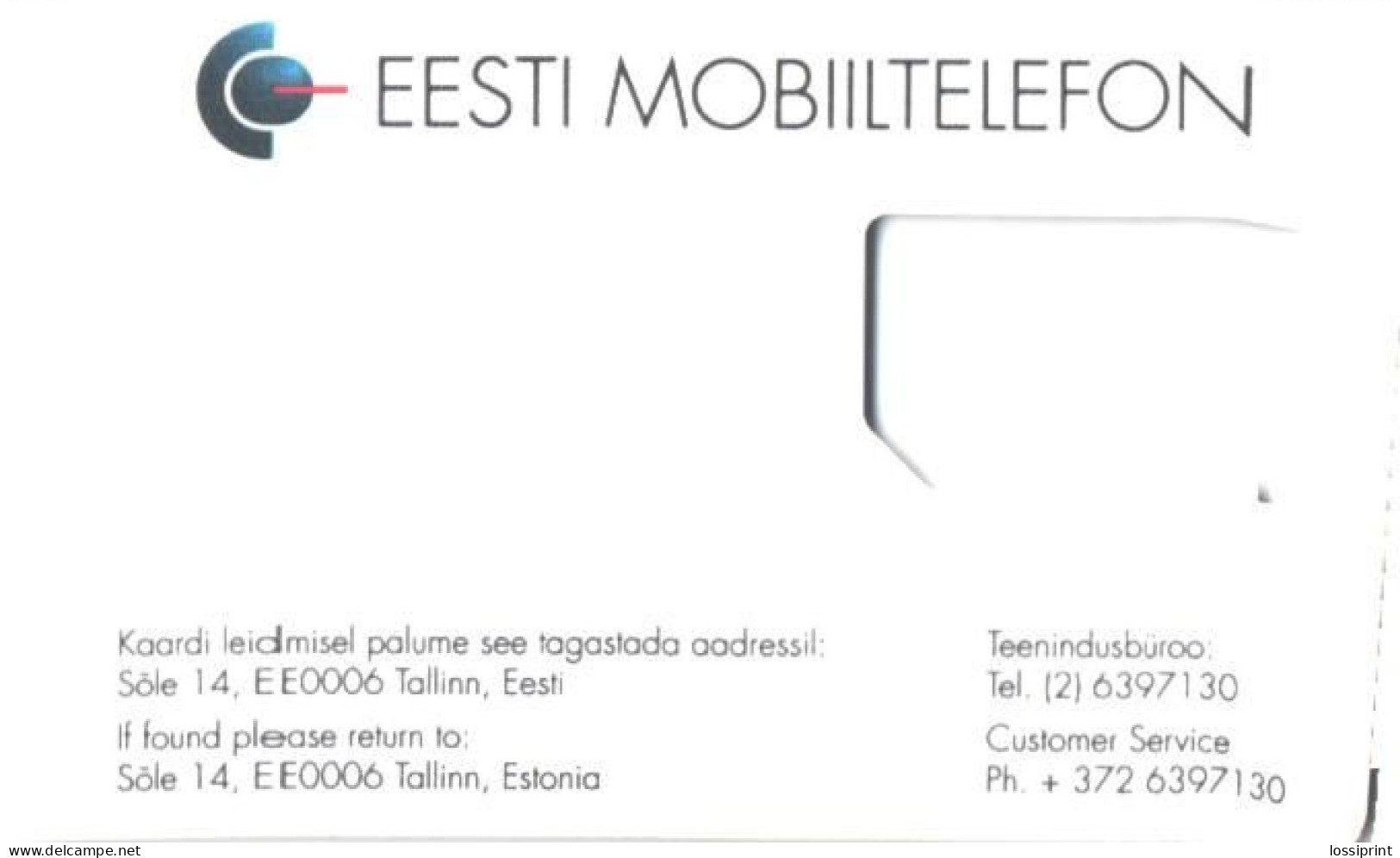 Estonia:Mobile Phone SIM Card Without Chip, Eesti Mobiiltelefon - Estonia