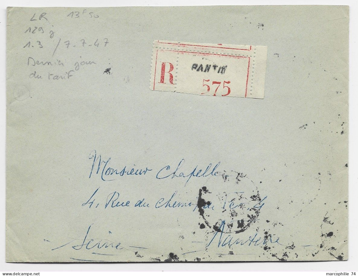 MAZELIN 1FR30 X10 + BLASON 10C CORSEX5 AU VERSO LETTRE REC PANTIN 7.7.1947 DERNIER JOUR DU TARIF RECOMMANDE - 1945-47 Cérès De Mazelin