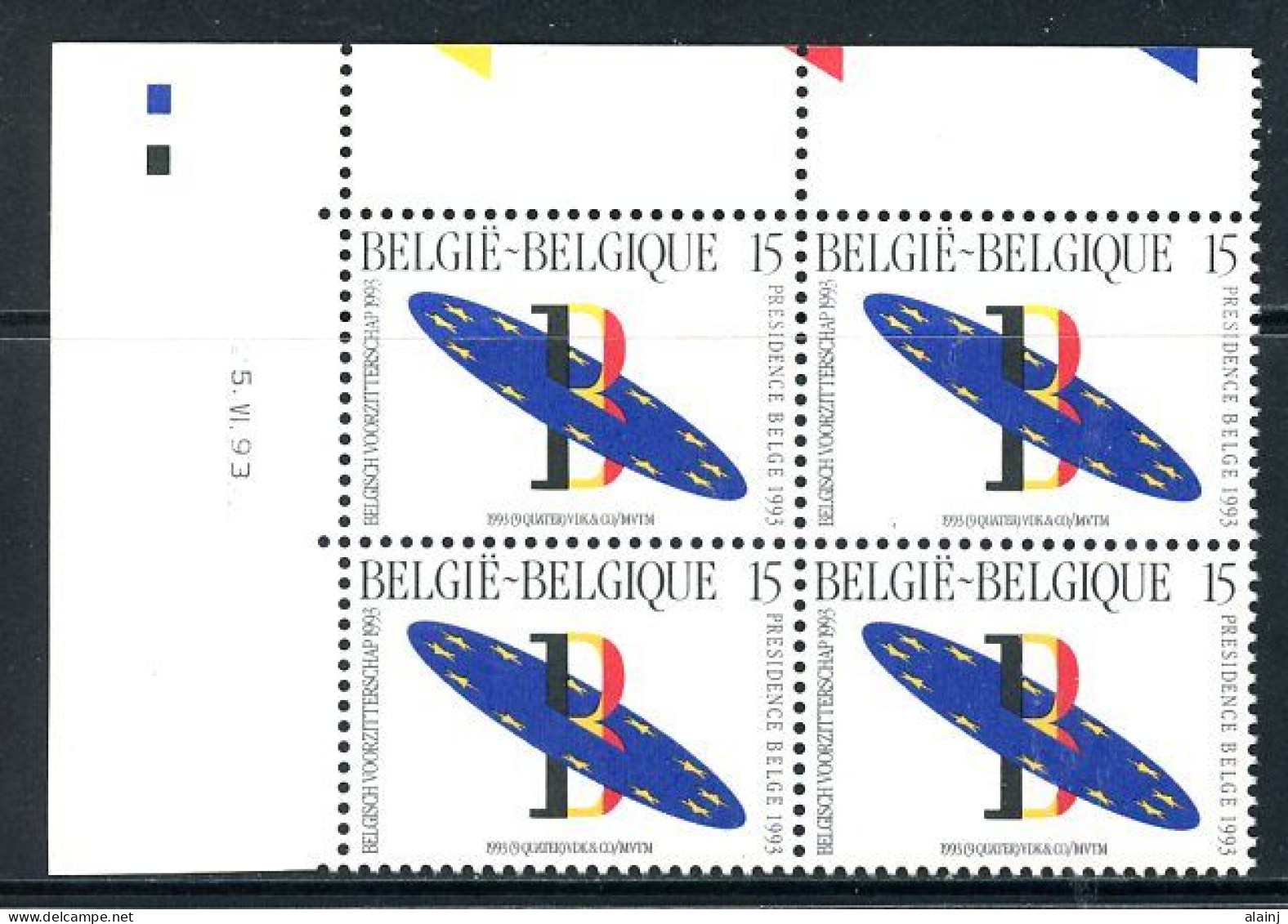 BE   2519  XX   ---  Présidence Belge Ciommission  --  Bloc De 4 Coin De Feuille  --  Parfait état - Hoekdatums