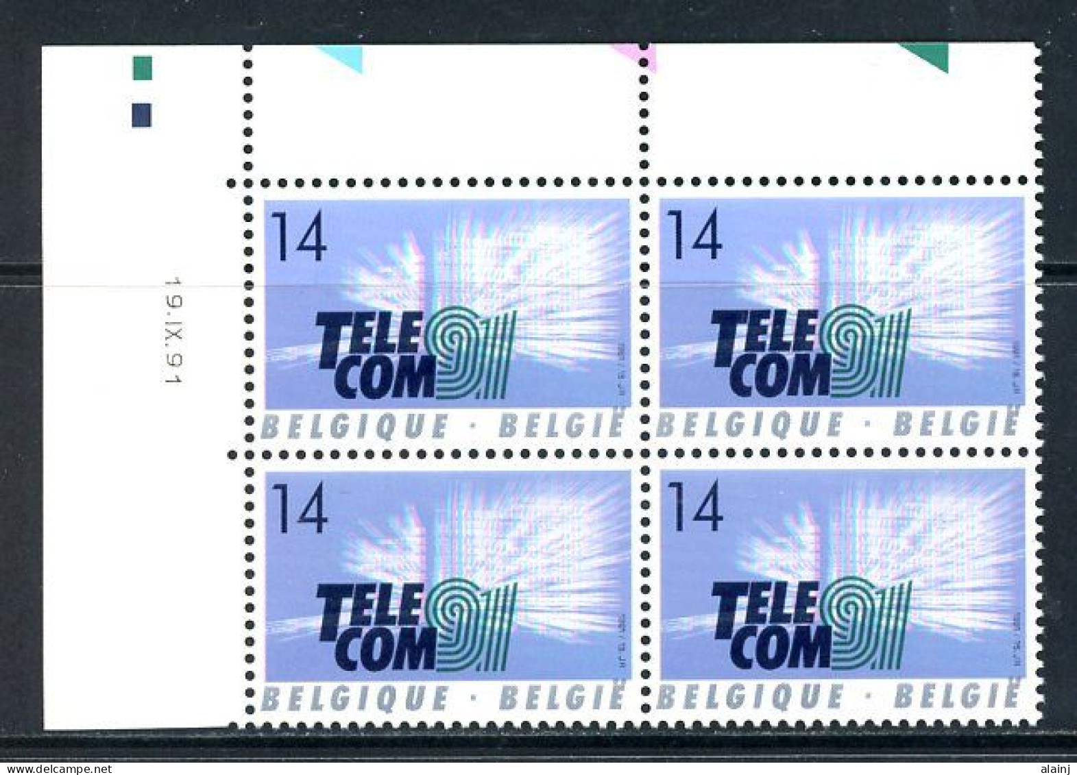 BE   2427  XX   ---  Télécom 91 Genèvee  --  Bloc De 4 Coin De Feuille  --  Parfait état - Hoekdatums