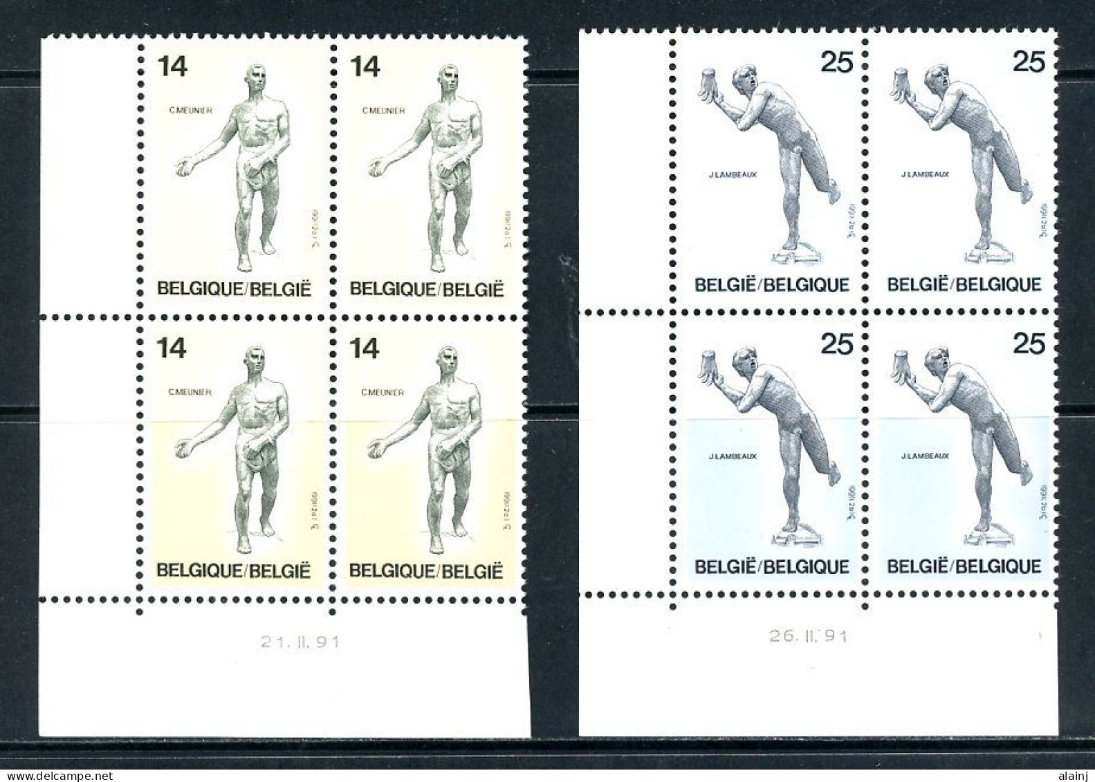 BE   2400 - 2401  XX   ---  Sculptures Belges  --  Blocs De 4  Coin De Feuille  --  Parfait état - Datiert