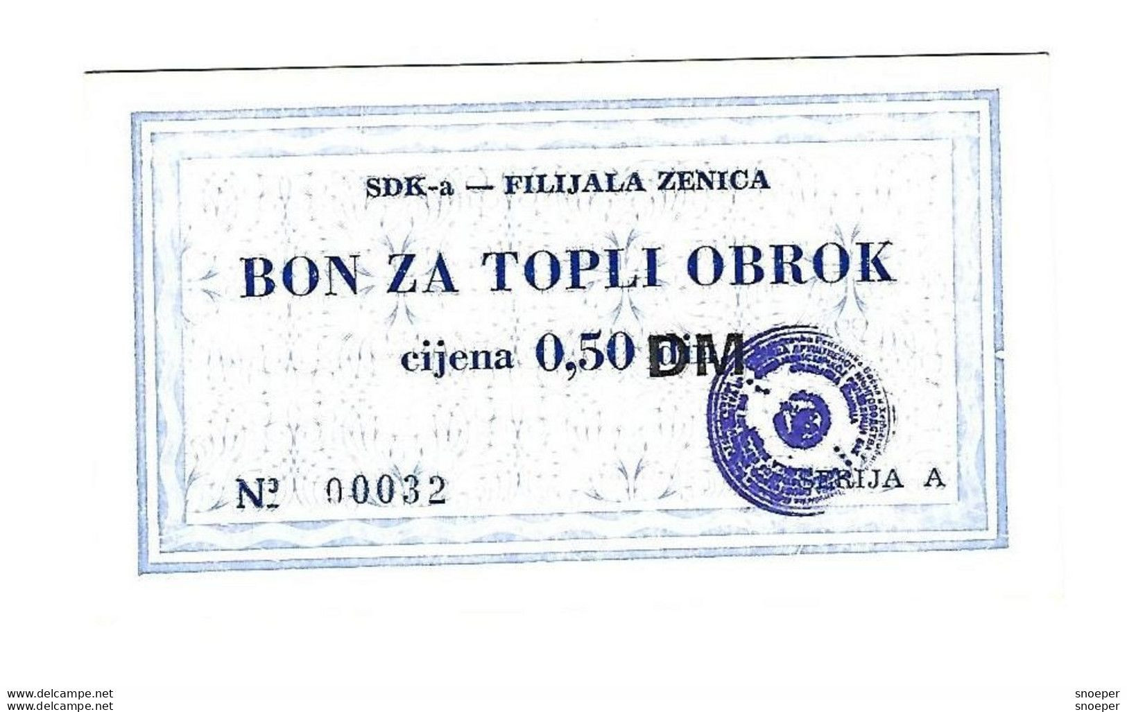 *bosnia  SDK Zenica Bon Za Topli Obrok 0,50 DM     Unc    Ref 27 - Bosnien-Herzegowina