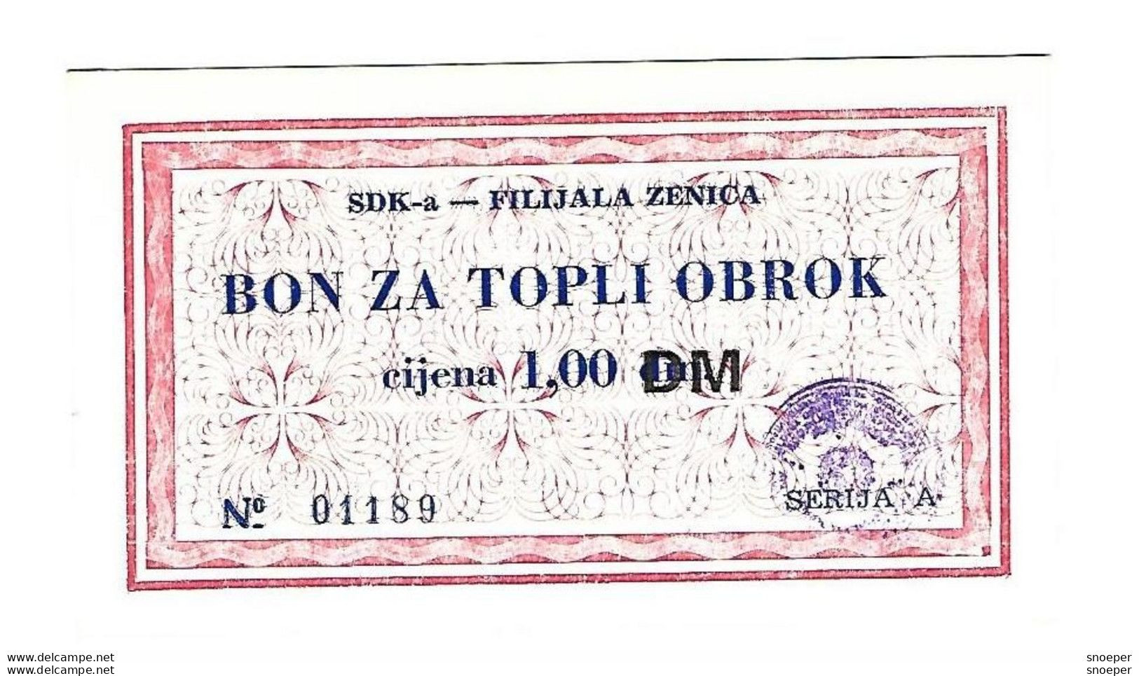 *bosnia  SDK Zenica Bon Za Topli Obrok  1 DM     Unc    Ref 28 - Bosnie-Herzegovine