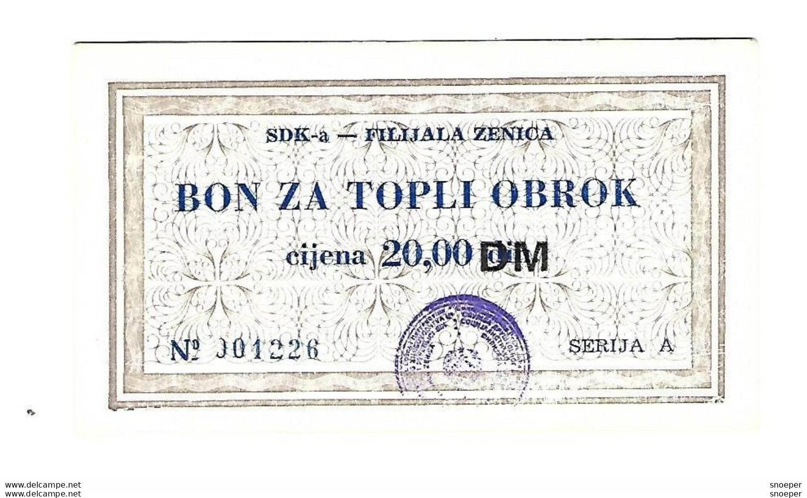 *bosnia  SDK Zenica Bon Za Topli Obrok  2 DM     Unc    Ref 29 - Bosnia And Herzegovina