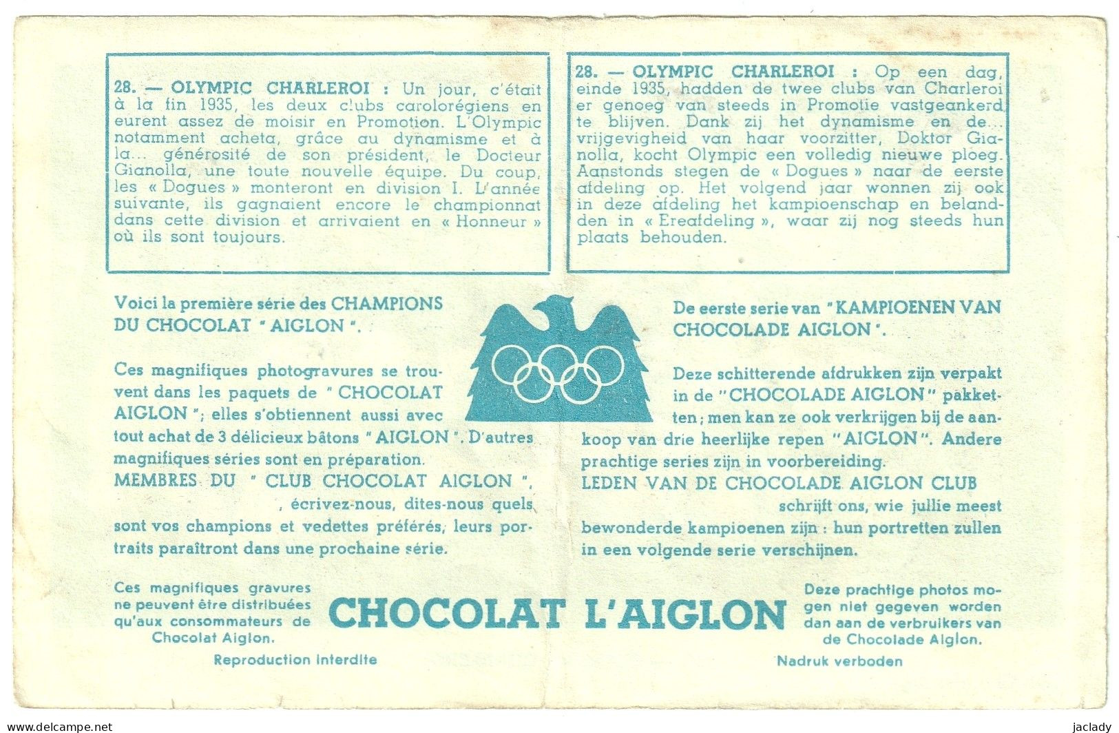 Olympic Charleroi 28 - Club Chocolat Aiglon   (voir Scan) - Aiglon