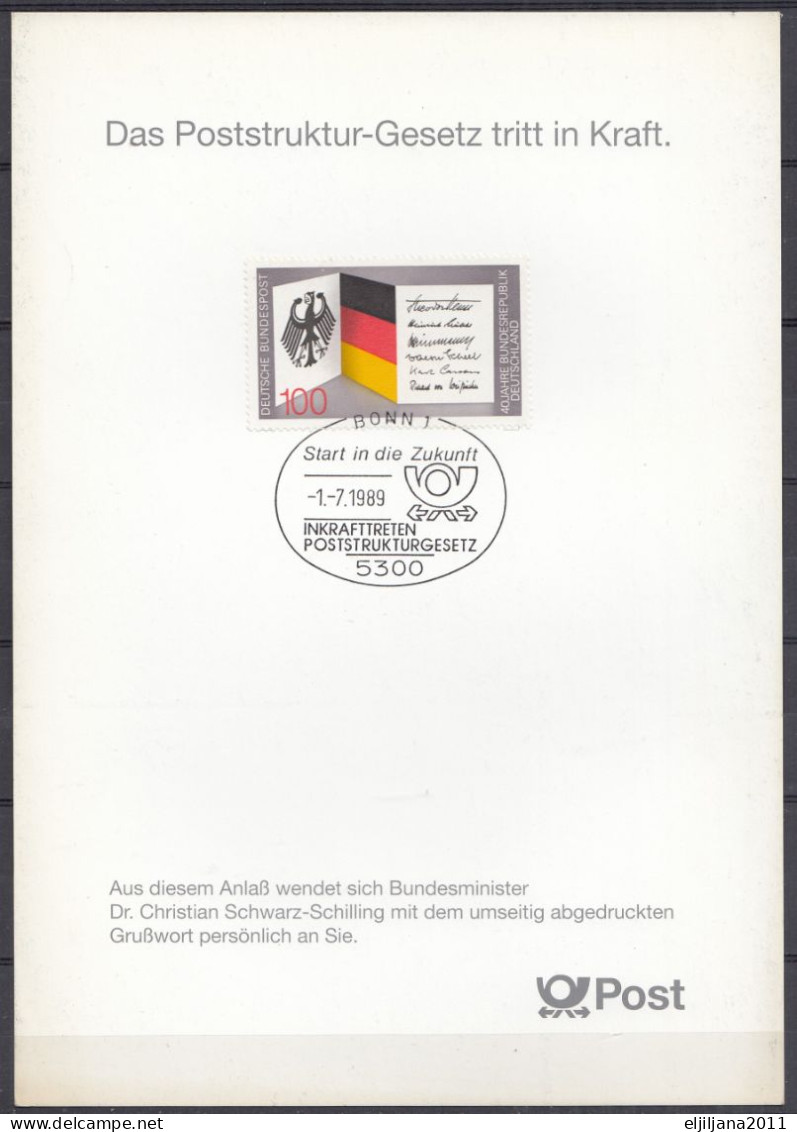 Germany 1989 Bonn ⁕ "Das Poststruktur-Gesetz Tritt In Kraft" Mi.1421 Special Commemorative Sheet ⁕ Sondergedenkblatt - 1981-1990