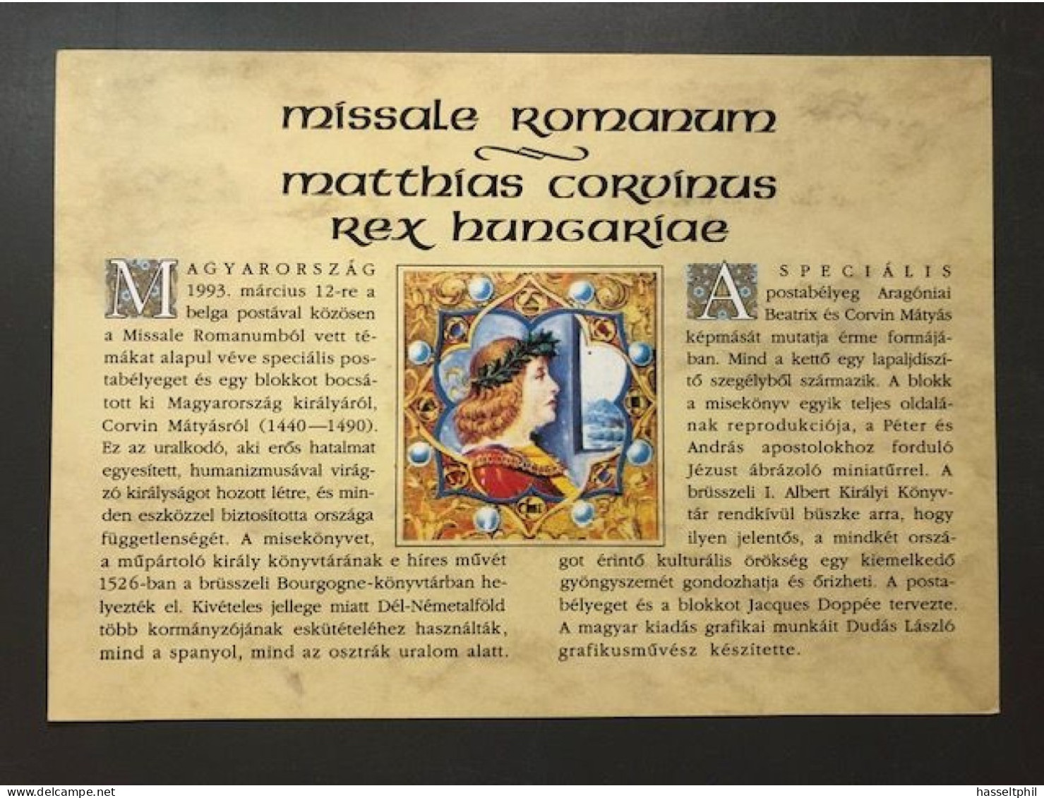 Belgie - Hongarije 2492 HK Herdenkingskaart Van Hongarije - Carte Souvenir D' Hongrie  -  Missalum Romanum 1993 - Souvenir Cards - Joint Issues [HK]
