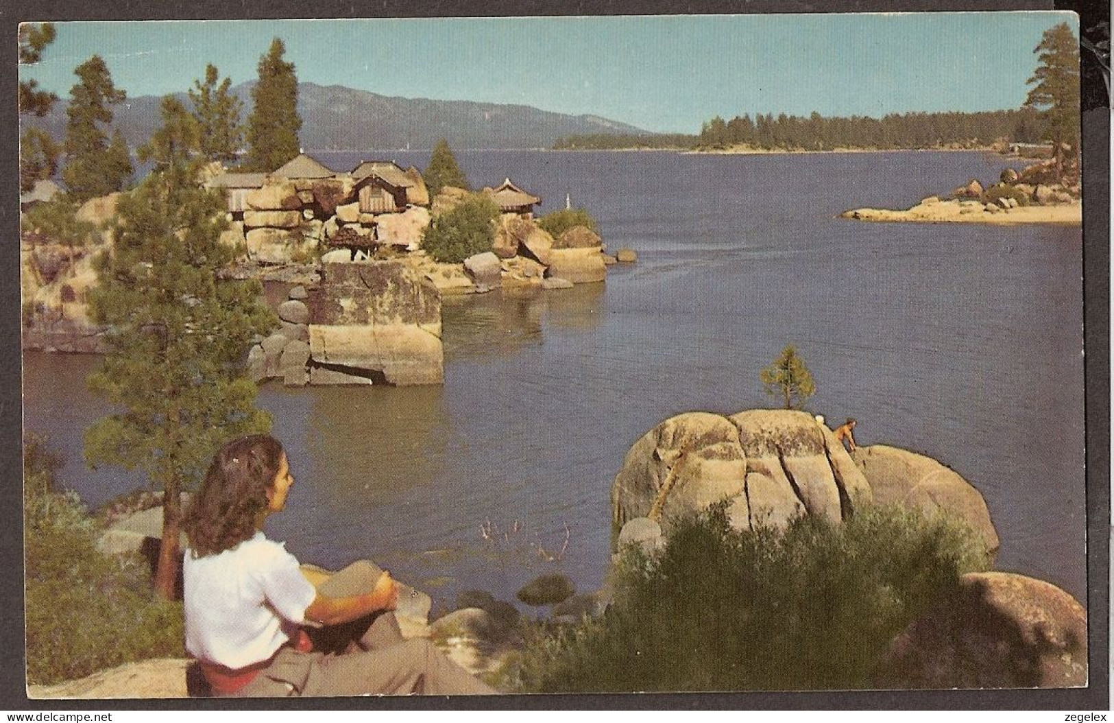Big Bear Lake In The San Bernardino Mountains - With Swimmers - Union Oil Company's Scenes Of The West - San Bernardino