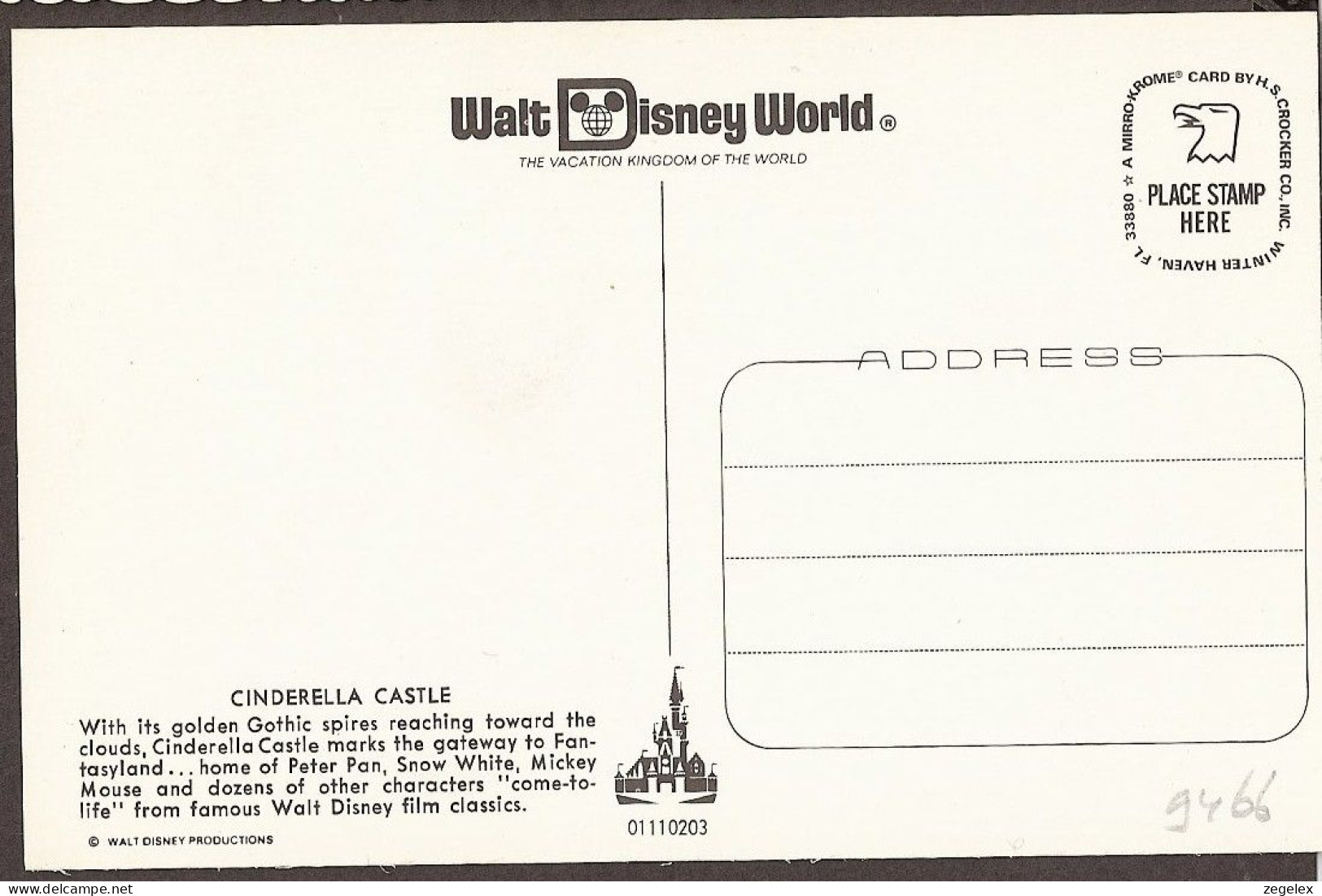 Walt Disney World - Cinderella Castle - Home Of Peter Pan, Snow White, Mickey Mouse. - Disneyworld
