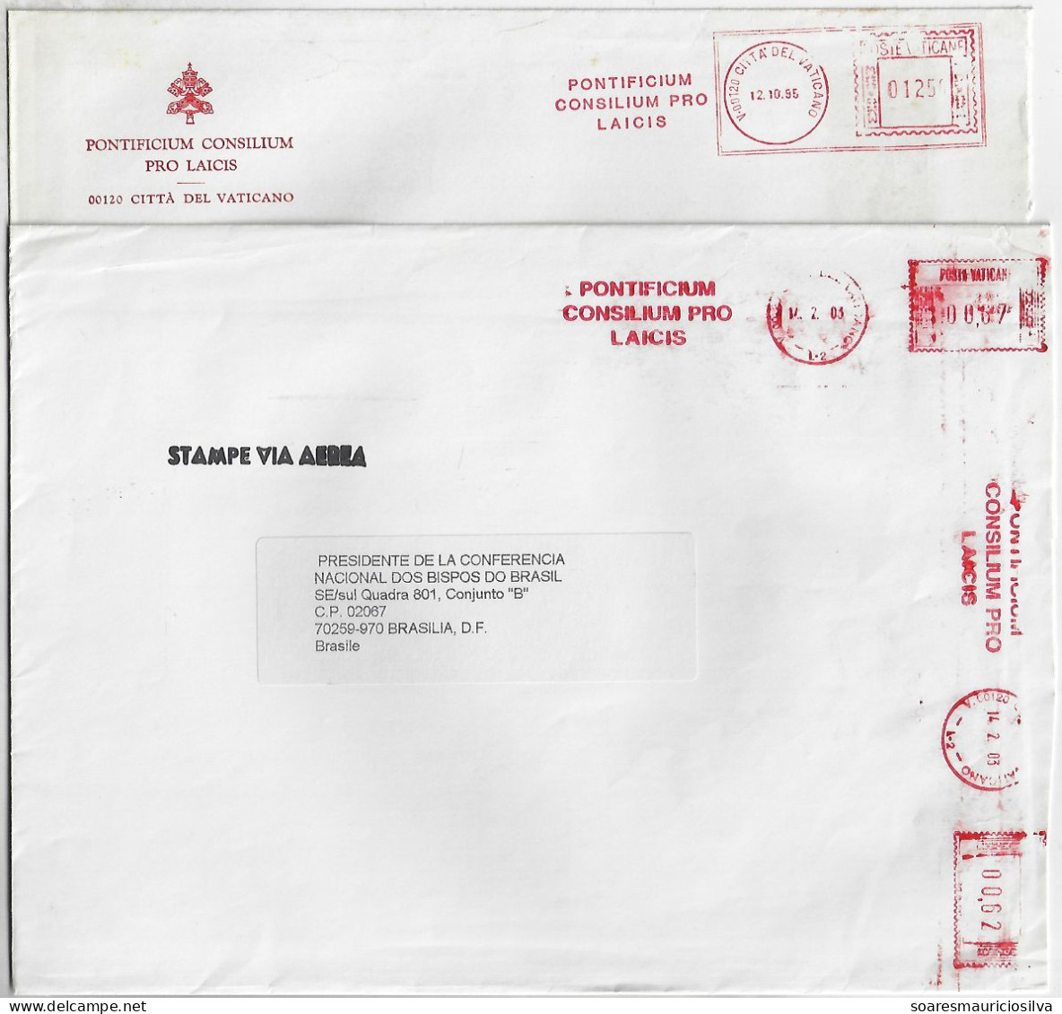 Vatican 1995/2003 2 Airmail Cover With Different Meter Stamp Slogan Pontifical Council For The Laity - Briefe U. Dokumente