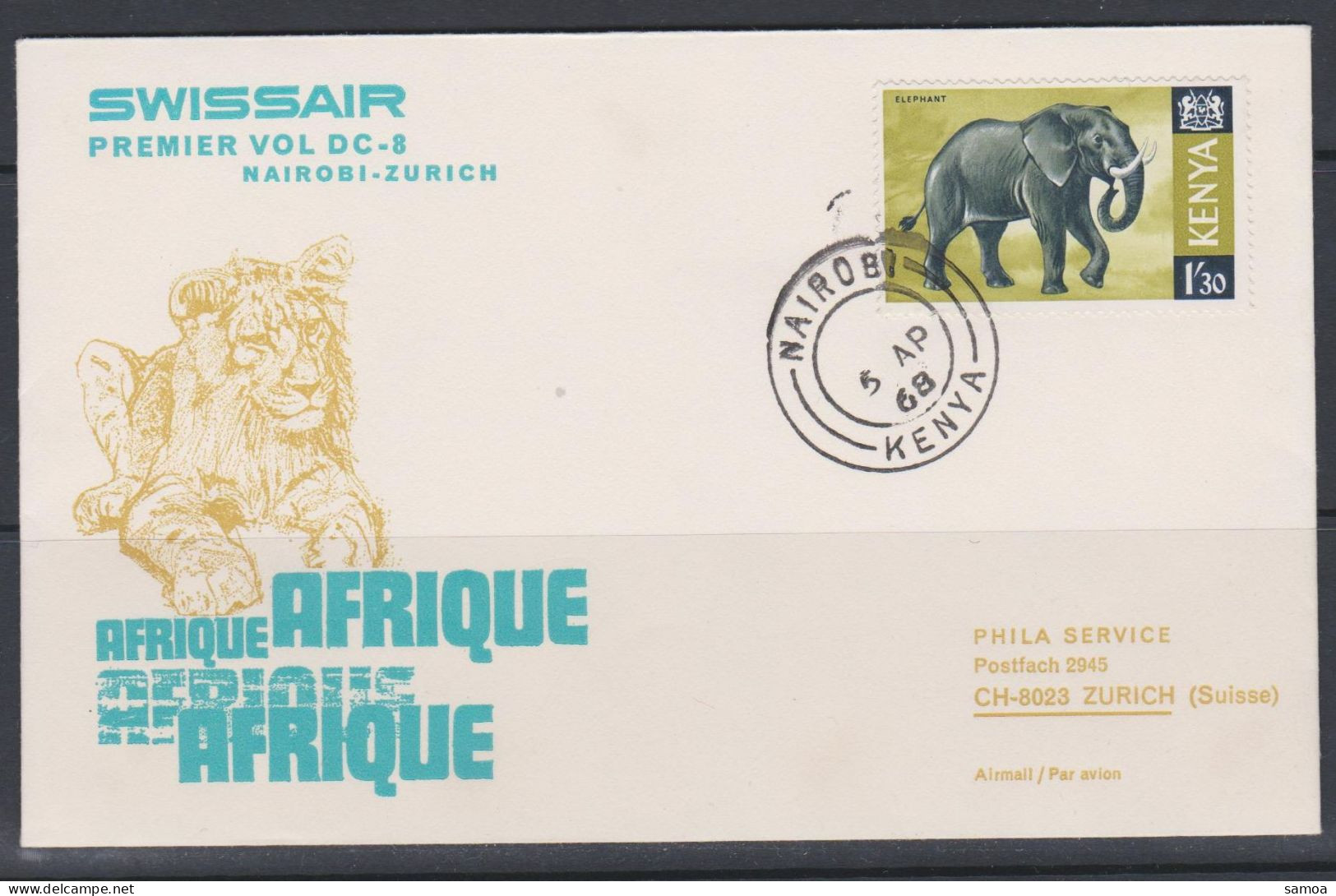 Kenya FDC 1968 Swissair Vol Nairobi Zurich 29 Éléphant   - Kenya (1963-...)