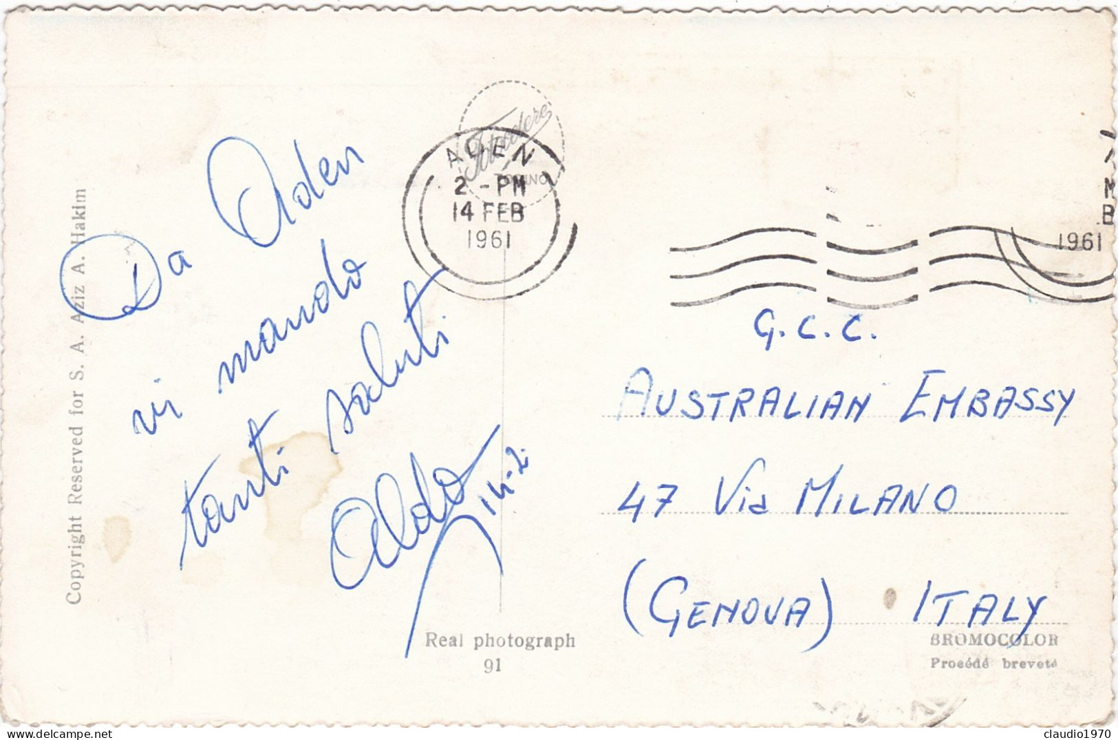 YEMEN - CARTOLINA - ADEN -  - VIAGGIATA  PER GENOVA - ITALIA -AFFRANCOBOLLO ASPORTATO -1961 - Jemen