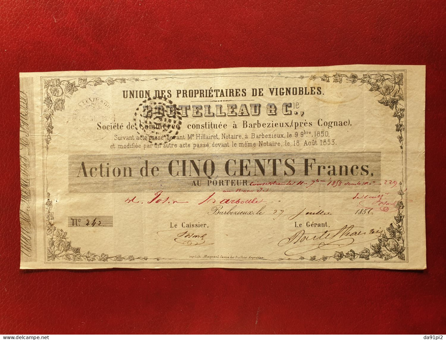 Action De 500 Francs Or Boutelleau Cognac Vignobles 1856 Charentes Avec Cachets Et Historique - Agriculture