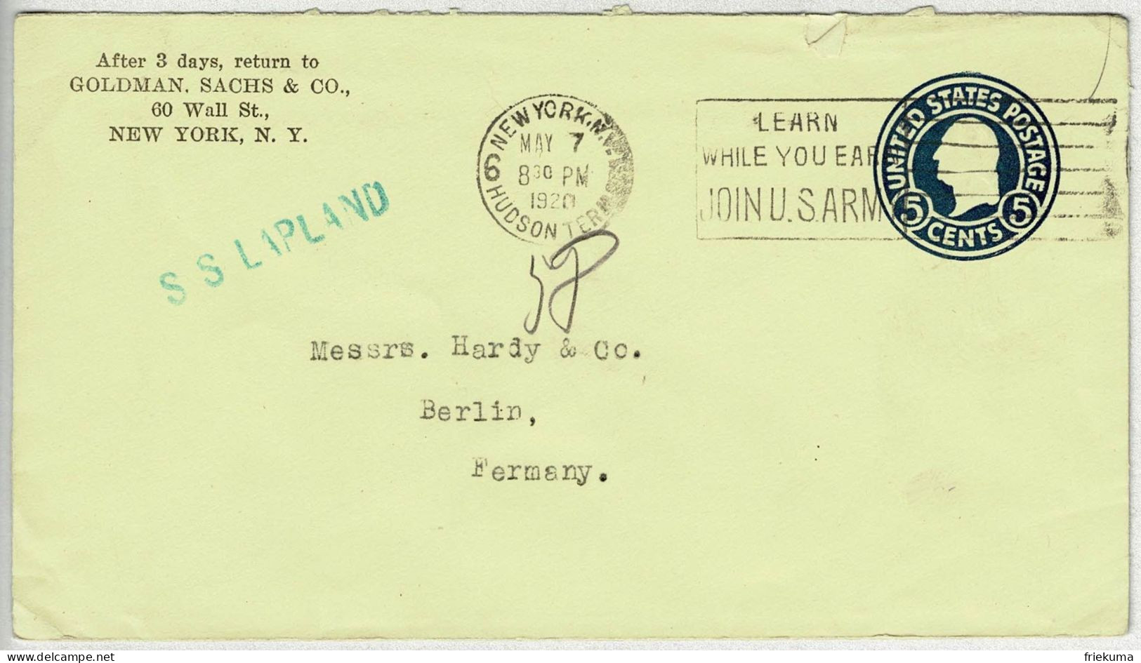 USA 1920, Ganzsachen-Brief New York - Berlin, Schiffspost Red Star Line S/S Lapland, U.S. Army - 1901-20