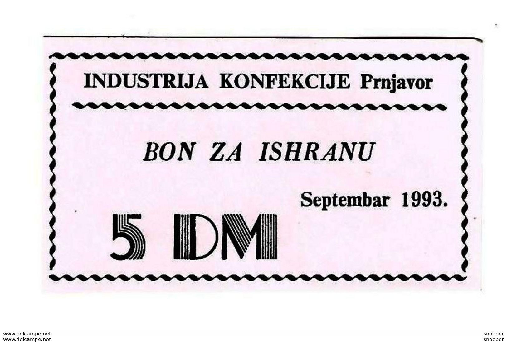 *bosnia- Herzegovina  Prnjavor Confection Industie Food Voucher September 1993 5 Mark Ref41  Unc With Stamp - Bosnie-Herzegovine