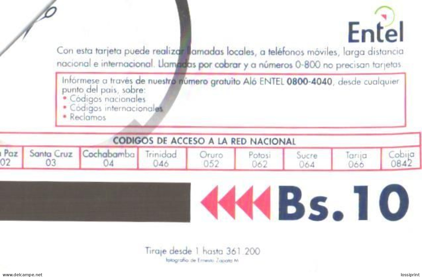 Bolivia:Used Phonecard, Entel, 10 Bs, Arcangel Tamborero - Bolivie