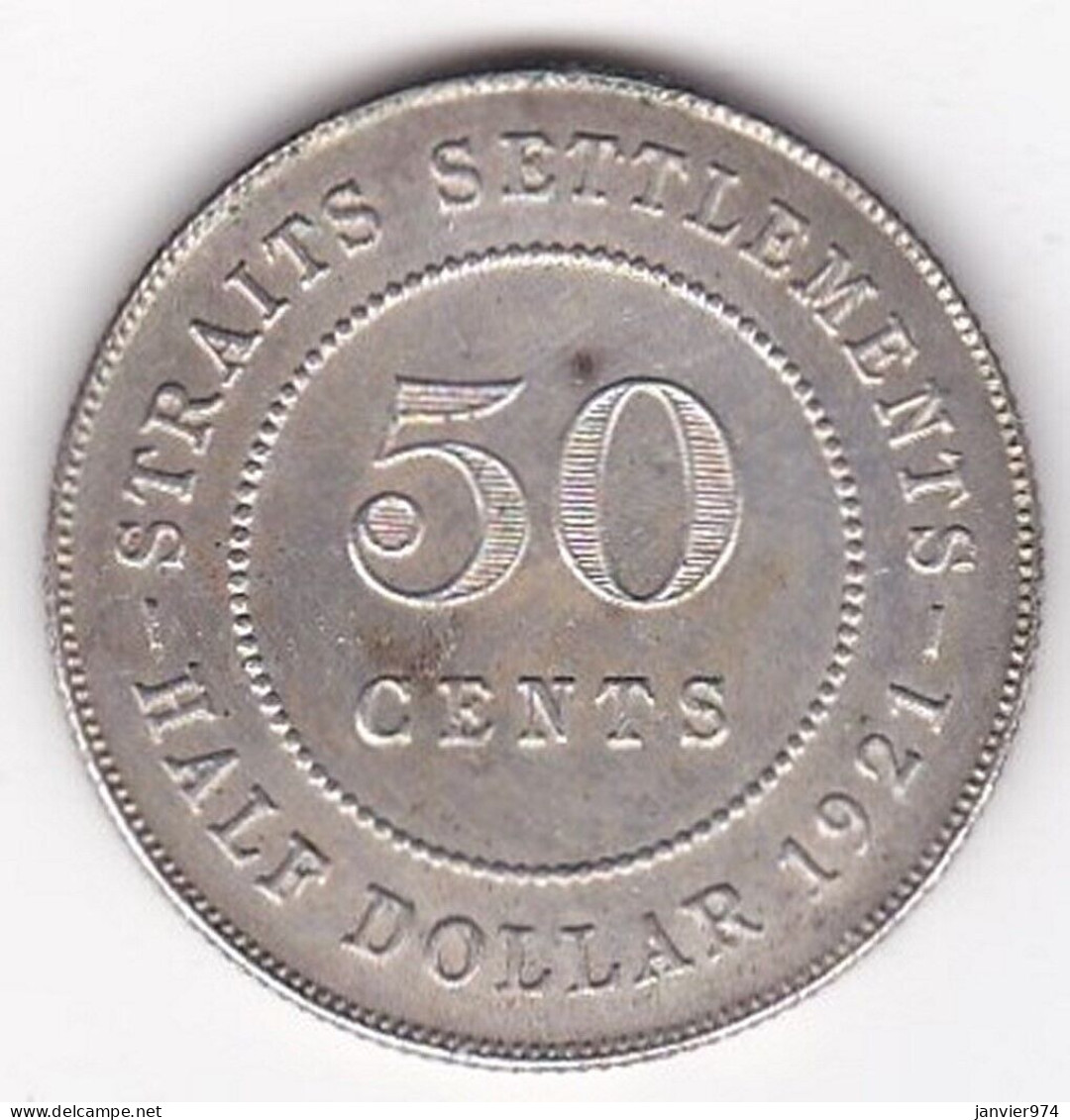 Straits Settlements 50 Cents 1921 Half Dollar . George V. Argent. KM# 35.1 - Malaysia