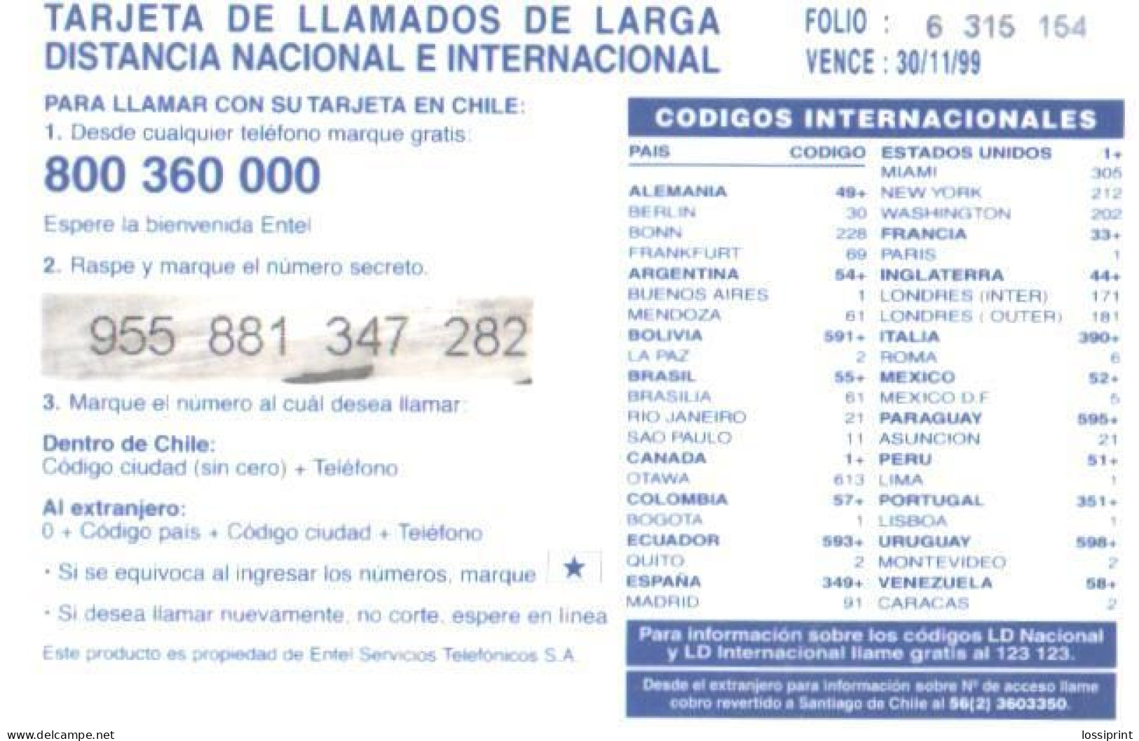 Chile:Used Phonecard, Entel Ticket, 1000 $, Communication Tower, Boats, 1999 - Cile