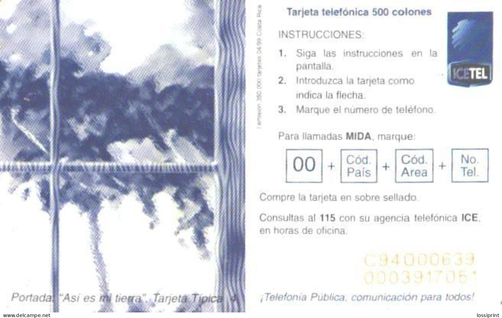 Costa Rica:Used Phonecard, ICEtel, 500 C, Painting, Building, 1999 - Costa Rica