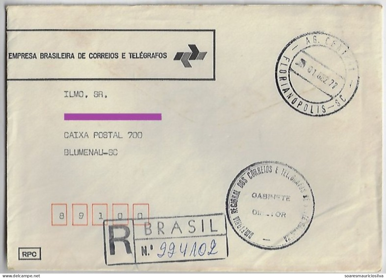 Brazil 1977 Brazilian Post & Telegraph Co Postage-free Registered Cover From Florianópolis To Blumenau Director's Cancel - Storia Postale