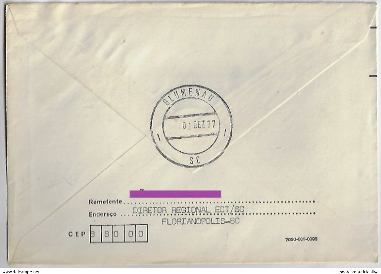 Brazil 1977 Brazilian Post & Telegraph Co Postage-free Registered Cover From Florianópolis To Blumenau Director's Cancel - Brieven En Documenten