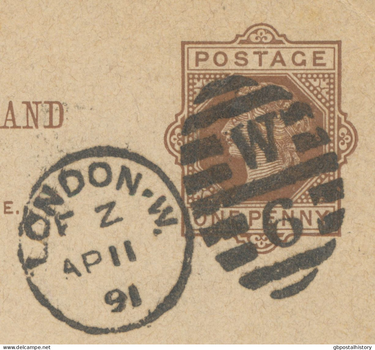 GB 1891, QV 1d Brown Fine Postcard (horizontal Crease)  With Barred Duplex-cancel "LONDON-W. / W / 6" (Western District, - Lettres & Documents