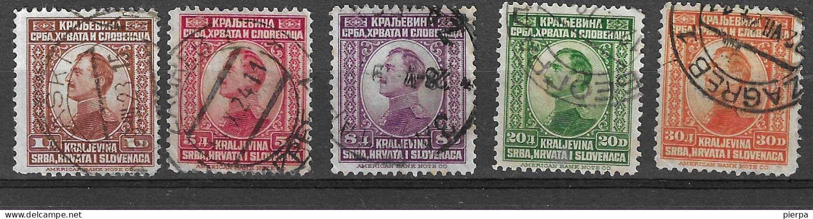 JUGOSLAVIA -1923- ALESSANDRO I°- SERIE 5 VALORI - USATA ( YVERT 150\4 - MICHEL 169\173) - Used Stamps