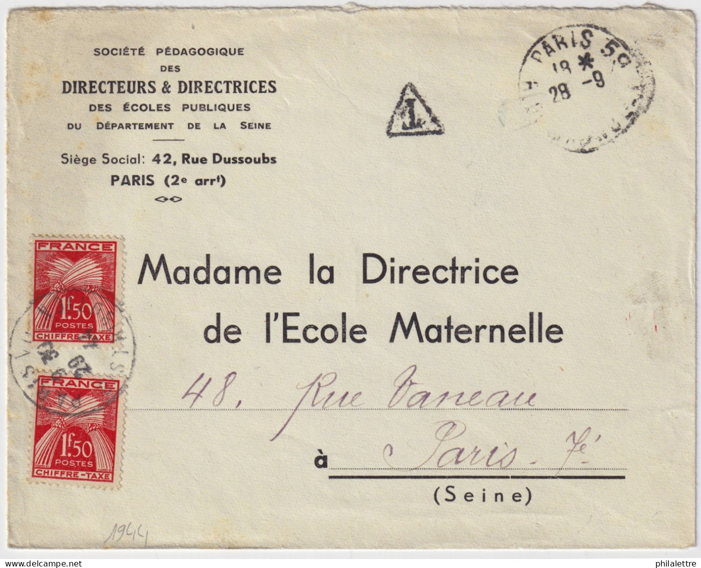 FRANCE - 1944 LSC Non Affranchie De Paris à Paris Taxée 3fr Avec 2x1f50 Rouge Type Gerbes - 1859-1959 Covers & Documents