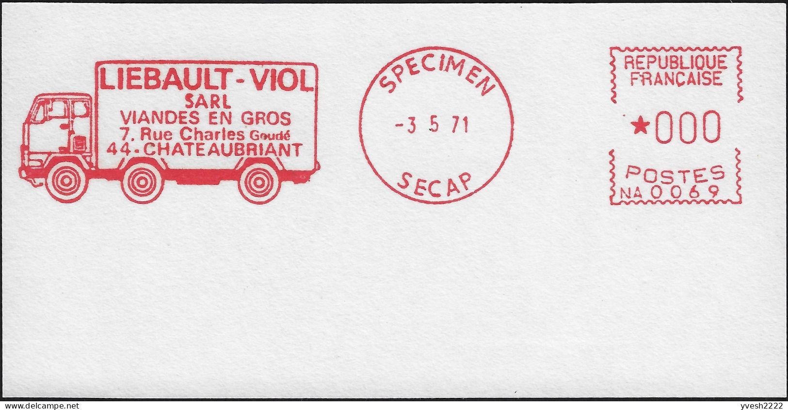 France 1971. Spécimen, Empreinte De Machine à Affranchir. Liebault-Viol, Viandes En Gros. Camion - Camions