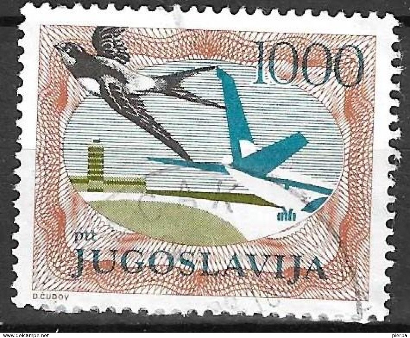 JUGOSLAVIA -1985 - POSTA AEREA - 1000 D- USATO - DENT. 13,50 ( YVERT AV 60a - MICHEL 2099C) - Poste Aérienne