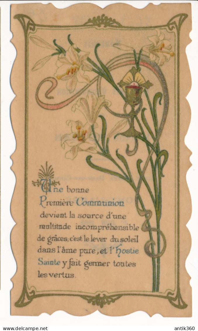 Image Pieuse Ancienne Art Nouveau Première Communion Pont L'Abbé 1905 Lys Blanc Enluminure - Devotion Images