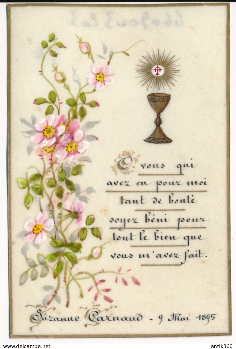 Image Pieuse Ancienne XIXe Souvenir Première Communion 1895 Peinte Main - Andachtsbilder