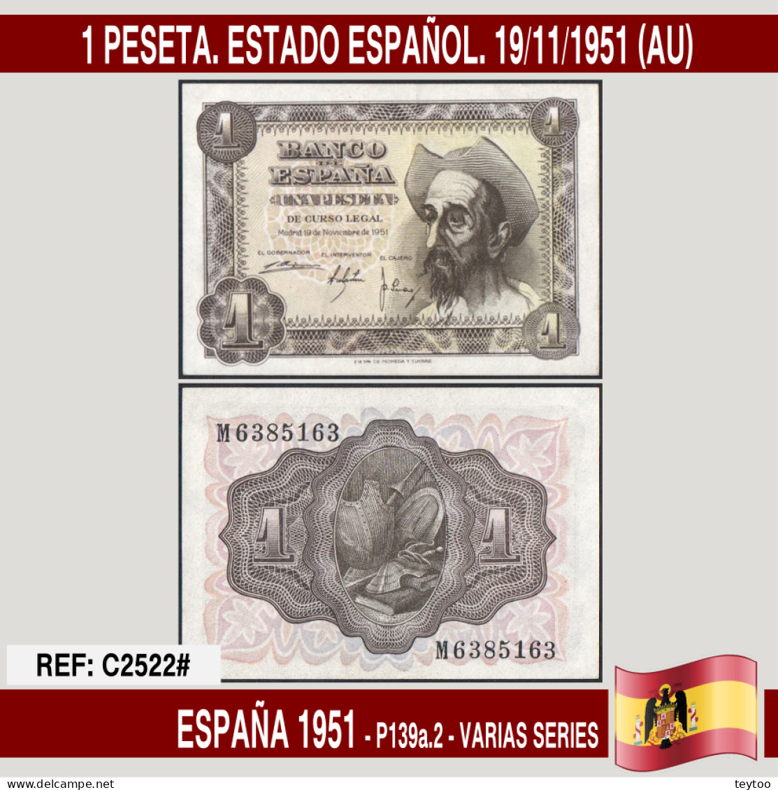 C2522# España 1951. 1 Pts. Estado Español (AU) P-139a.2 - 1-2 Pesetas