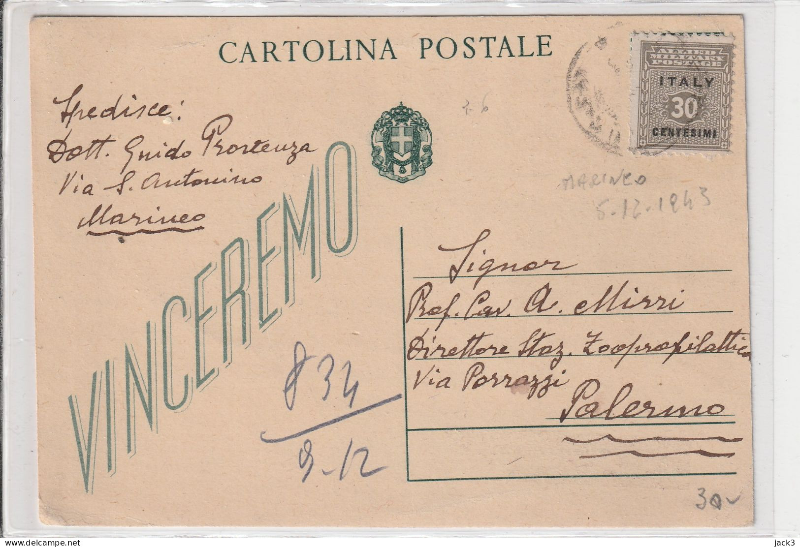 CARTOLINA - STORIA POSTALE - (ALB.) VINCEREMO (RICOPERTO) 30CENT AMGOT - Anglo-american Occ.: Sicily