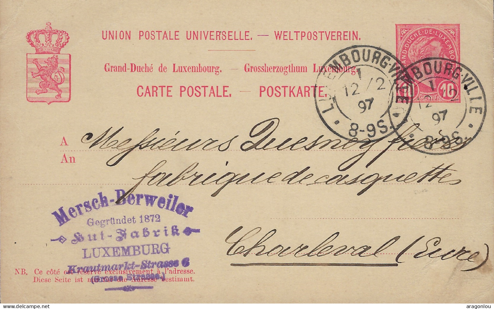 Luxembourg - Luxemburg - Carte - Postale - 1897  -  Cachet Luxembourg - Stamped Stationery