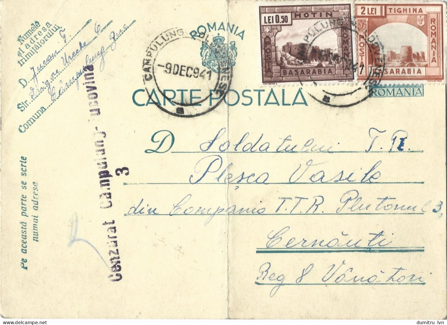 ROMANIA 1941 POSTCARD, CENSORED CAMPULUNG-BUCOVINA 3, STAMPS BASARABIA HOTIN, TIGHINA POSTCARD STATIONERY - Lettres 2ème Guerre Mondiale