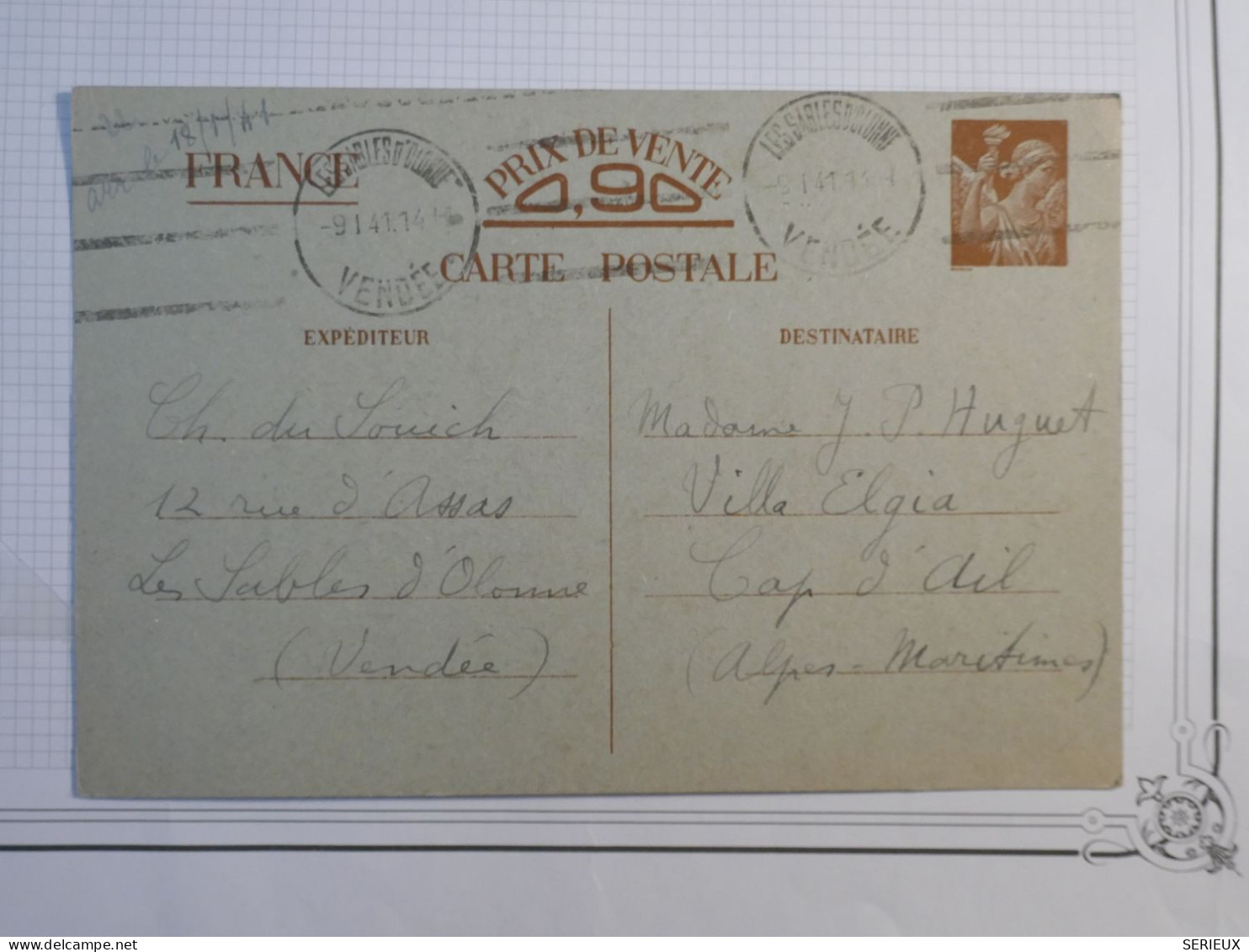 DH11 FRANCE BELLE  CARTE ENTIER IRIS 1941   LES SABLES A CAP D AIL  +ERREUR DE DATE CACHET+AFF. INTERESSANT++++   ++ - Sonstige & Ohne Zuordnung