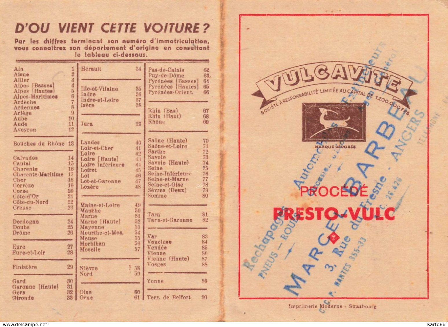 Petit Calendrier Ancien 1951 Publicitaire Illustré " VULCAVITE Automobiles Marcel BARBEAU Angers " * Calendar - Petit Format : 1941-60